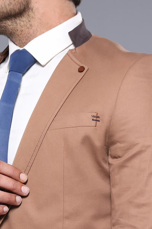 Single Button Standing Collar Beige Men Blazer - Wessi