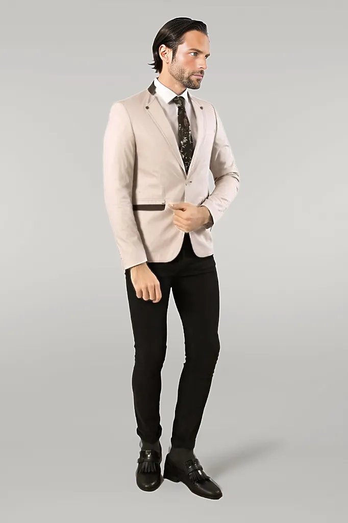 Single Button Standing Collar Cream Men Blazer - Wessi