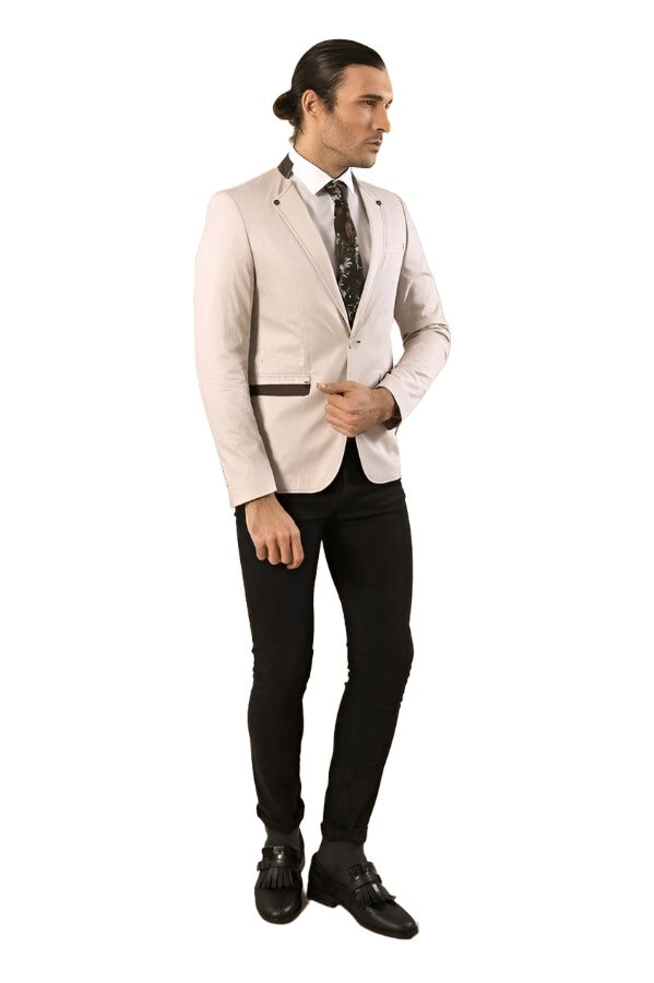 Single Button Standing Collar Cream Men Blazer - Wessi