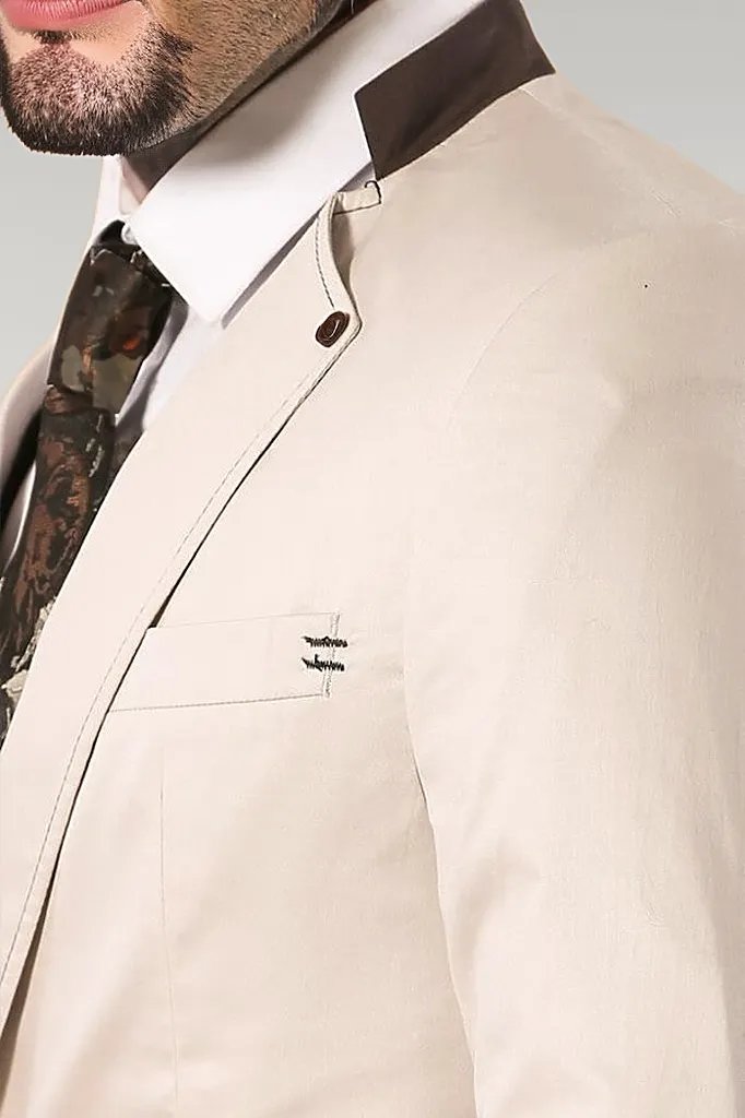 Single Button Standing Collar Cream Men Blazer - Wessi