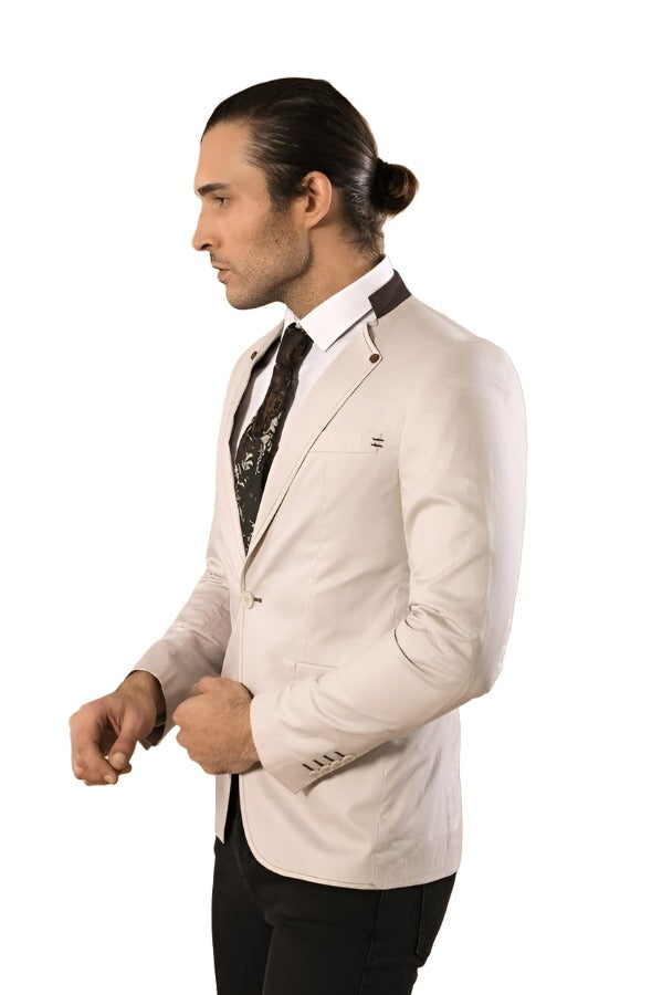 Single Button Standing Collar Cream Men Blazer - Wessi