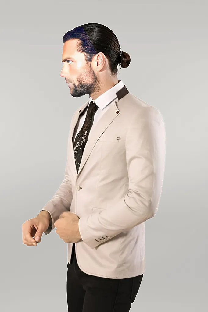 Single Button Standing Collar Cream Men Blazer - Wessi