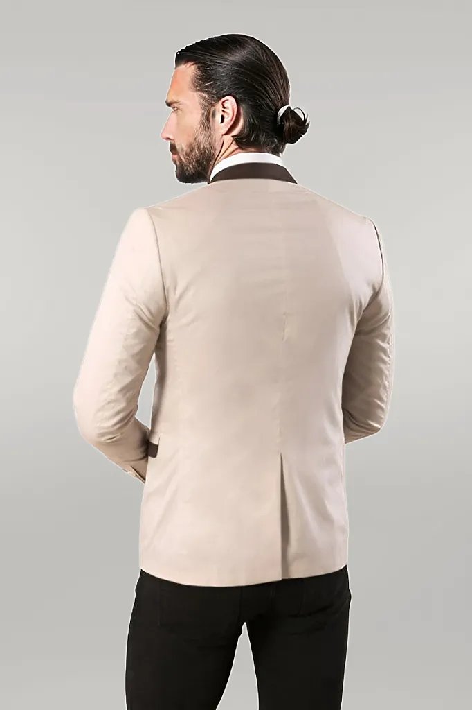 Single Button Standing Collar Cream Men Blazer - Wessi