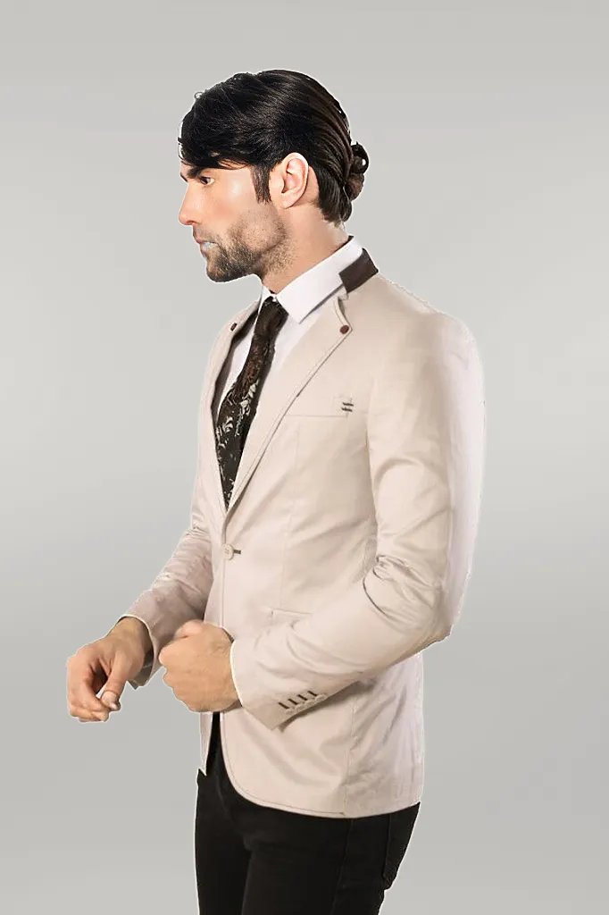 Single Button Standing Collar Cream Men Blazer - Wessi