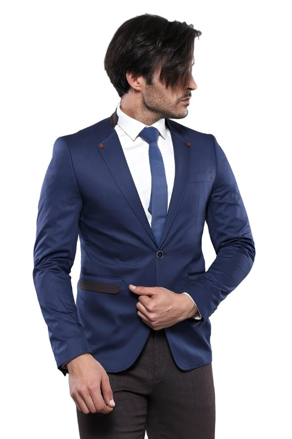 Single Button Standing Collar Navy Blue Men Blazer - Wessi