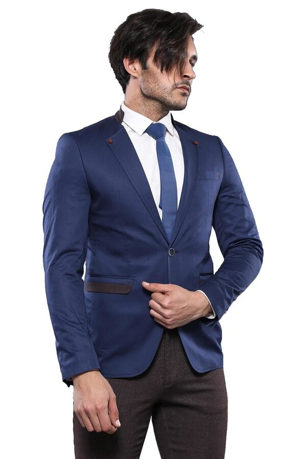 Single Button Standing Collar Navy Blue Men Blazer - Wessi