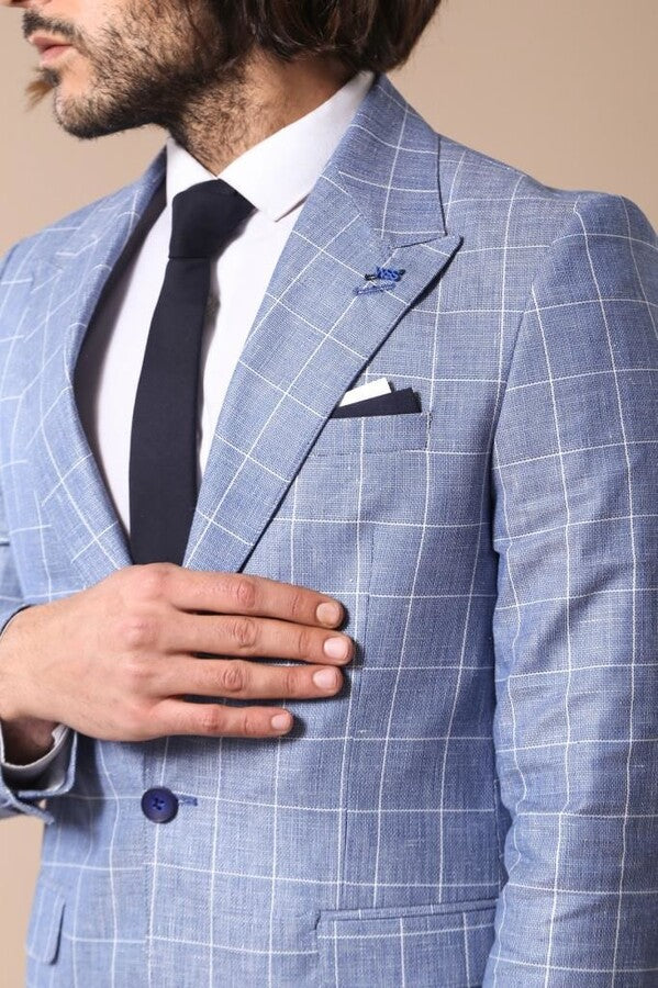 Single Button Wide Pointed Collar Blue Blazer - Wessi