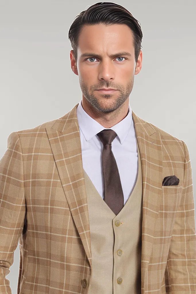 Slim Fit Checked Beige Men Suit - Wessi