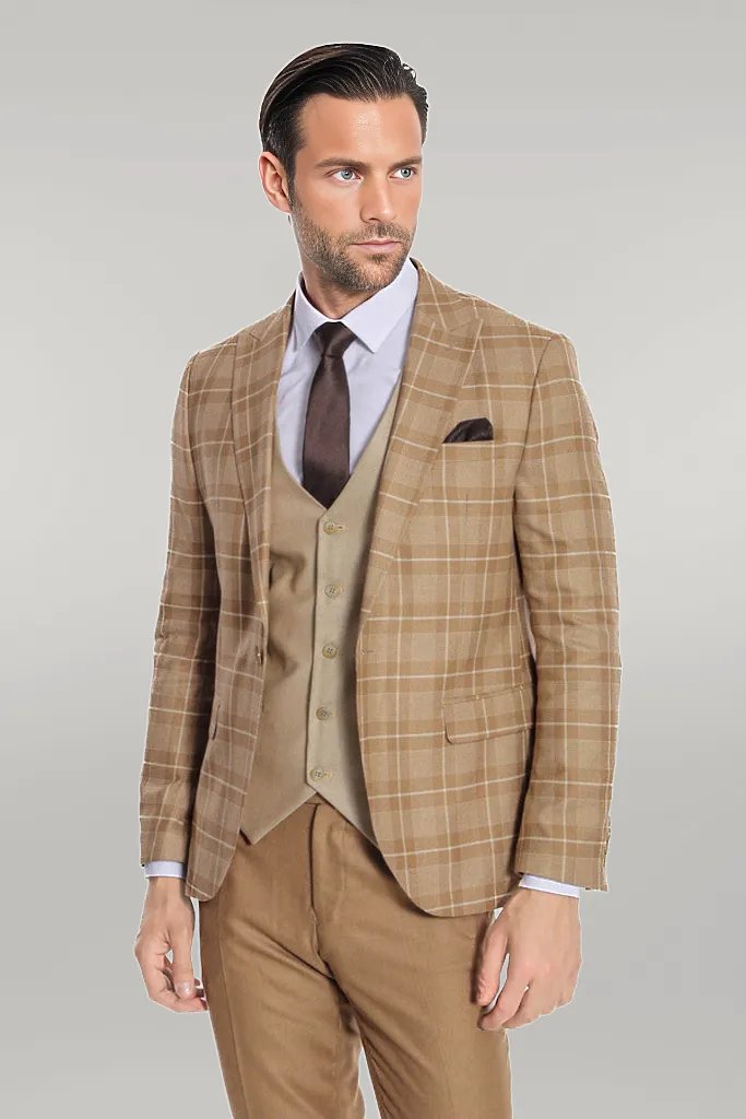 Slim Fit Checked Beige Men Suit - Wessi