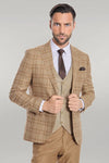 Slim Fit Checked Beige Men Suit - Wessi