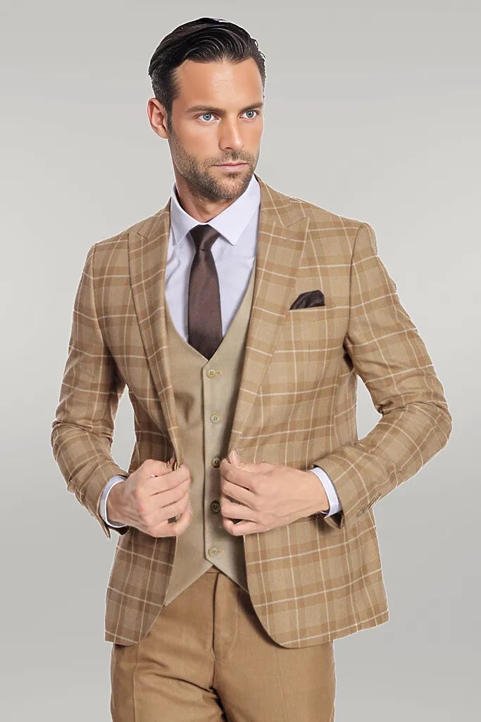 Slim Fit Checked Beige Men Suit - Wessi