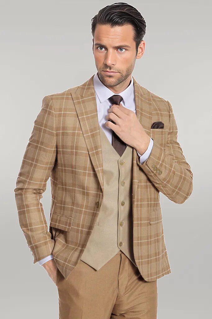 Slim Fit Checked Beige Men Suit - Wessi