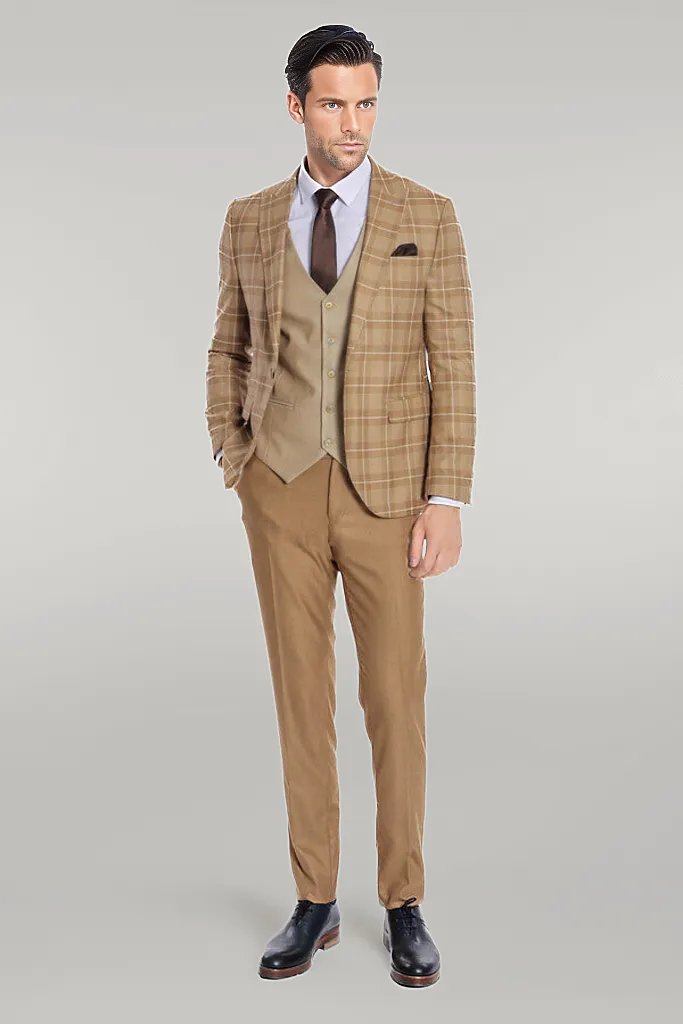 Slim Fit Checked Beige Men Suit - Wessi