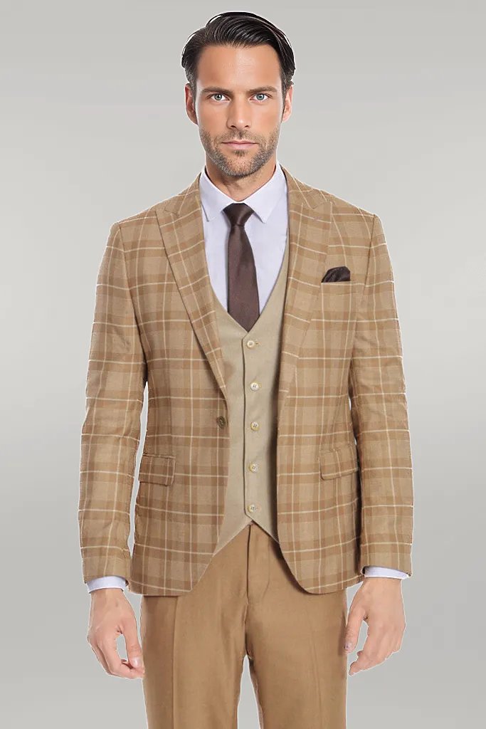 Slim Fit Checked Beige Men Suit - Wessi