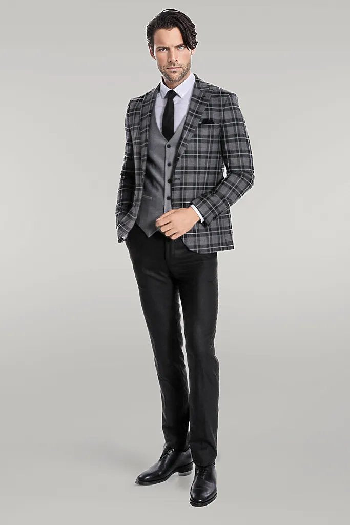 Slim Fit Checked Black Men Suit - Wessi