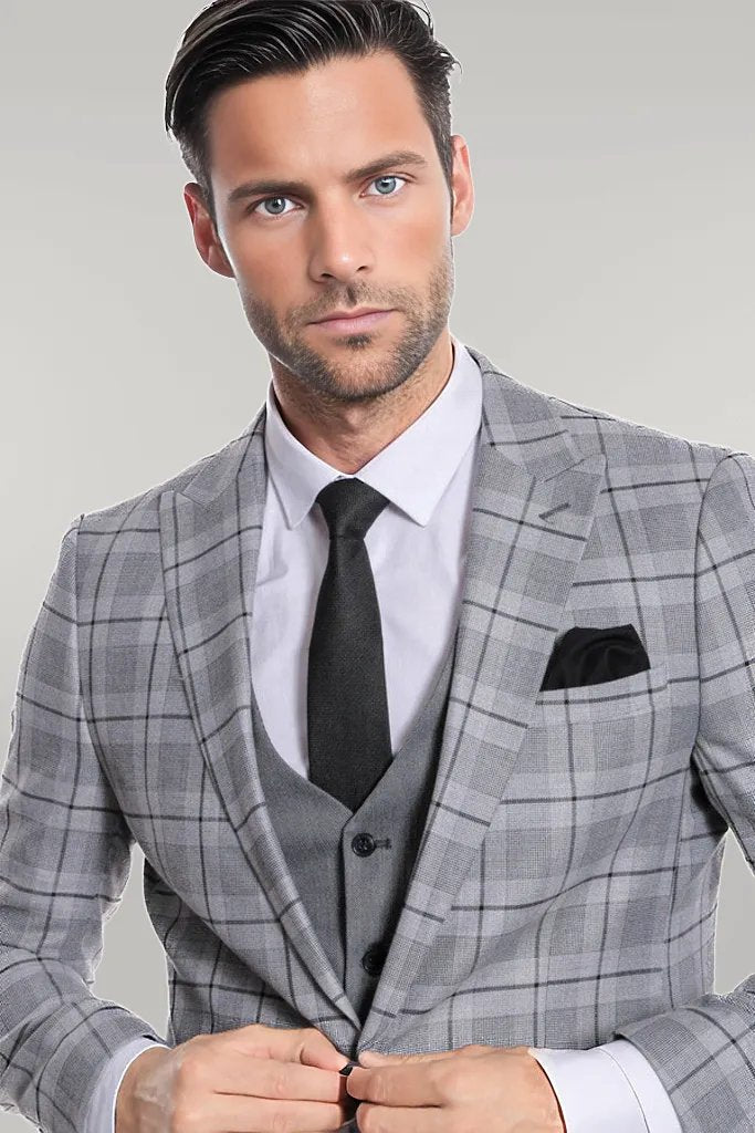 Slim Fit Checked Grey Men Suit - Wessi