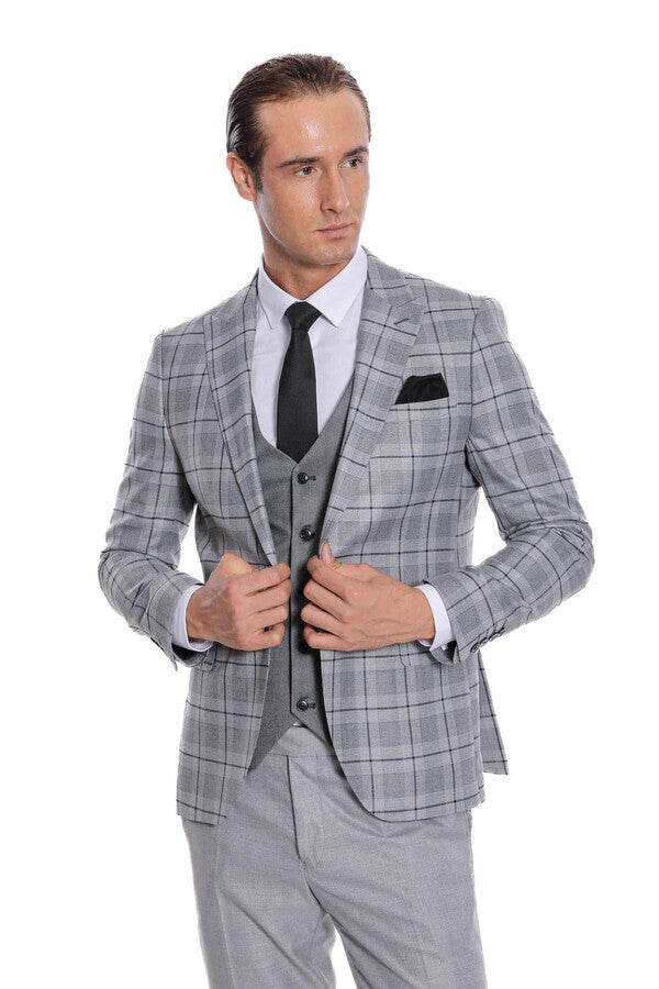 Slim Fit Checked Grey Men Suit - Wessi
