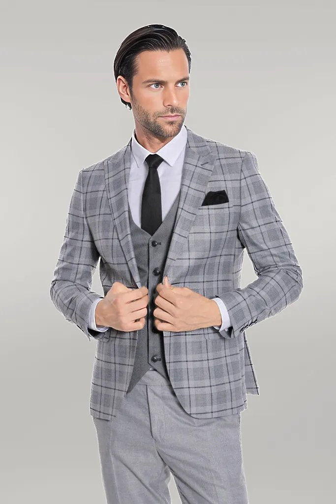 Slim Fit Checked Grey Men Suit - Wessi