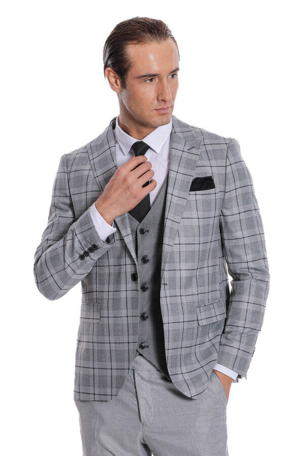 Slim Fit Checked Grey Men Suit - Wessi
