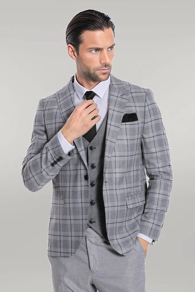 Slim Fit Checked Grey Men Suit - Wessi