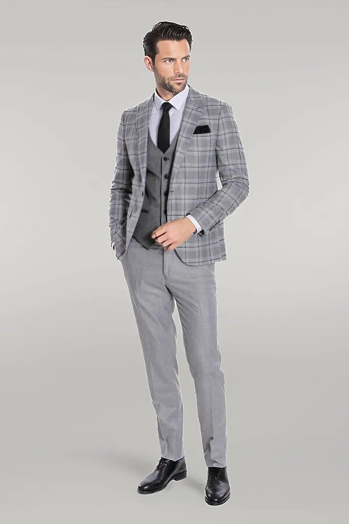 Slim Fit Checked Grey Men Suit - Wessi