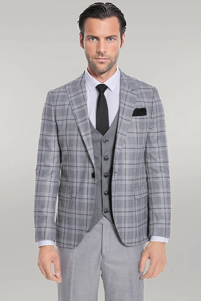 Slim Fit Checked Grey Men Suit - Wessi