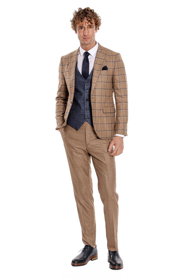 Slim Fit Checked Patterned Brown Men Suit - Wessi