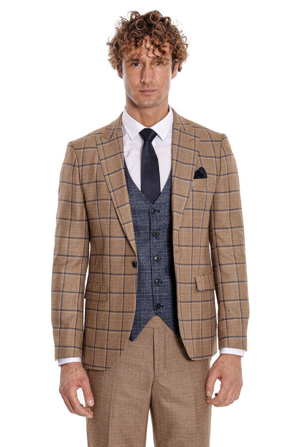 Slim Fit Checked Patterned Brown Men Suit - Wessi