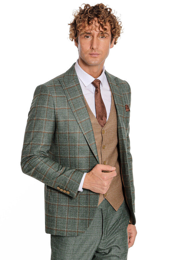 Slim Fit Checked Patterned Green Men Suit - Wessi