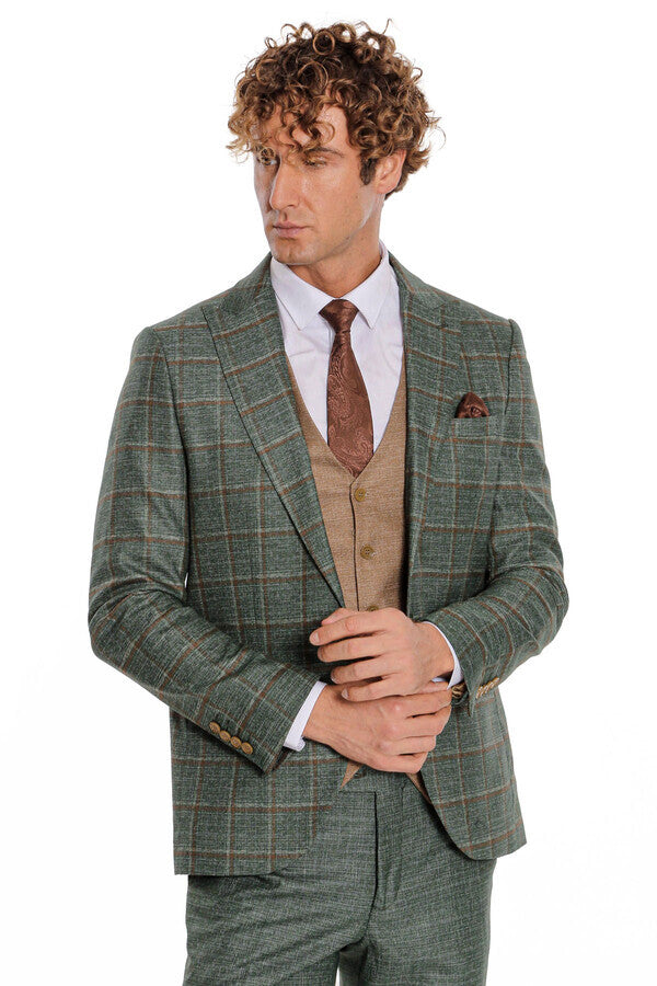 Slim Fit Checked Patterned Green Men Suit - Wessi