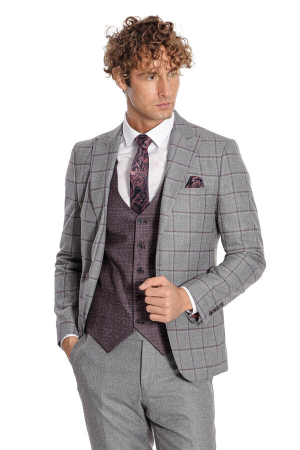 Slim Fit Checked Patterned Grey Men Suit - Wessi