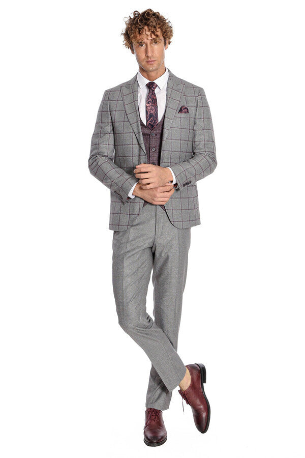 Slim Fit Checked Patterned Grey Men Suit - Wessi
