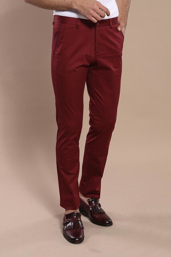 Slim Fit Cotton Burgundy Men Pants - Wessi