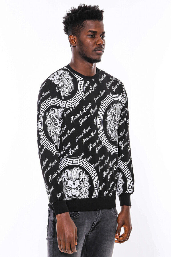 Slim Fit Patterned Black Sweatshirt - Wessi