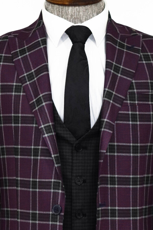 Slim Fit Patterned Checked Burgundy Men Suit - Wessi