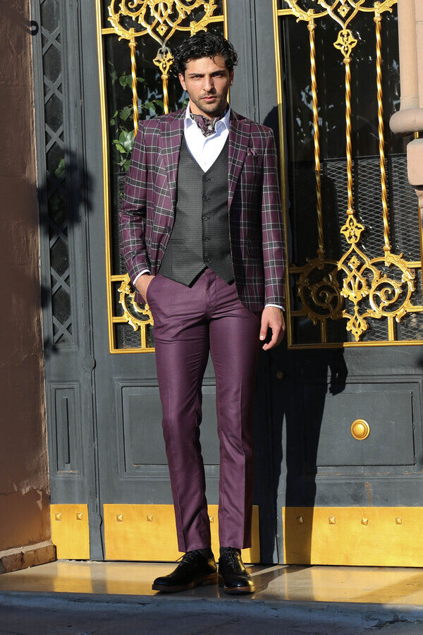 Slim Fit Patterned Checked Burgundy Men Suit - Wessi