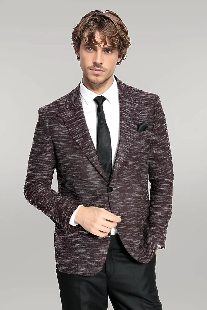 Slim Fit Patterned Sport Burgundy Men Blazer - Wessi