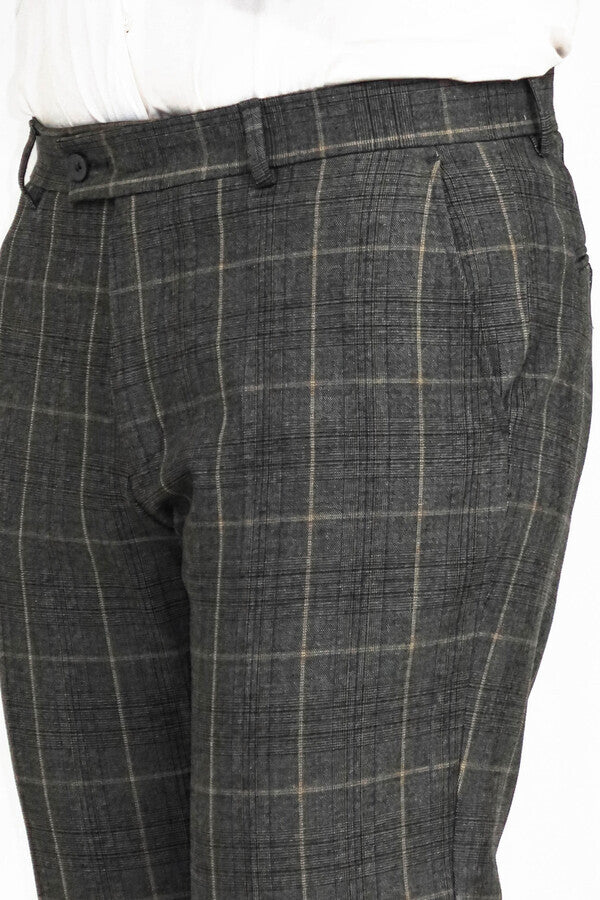 Slim Fit Plaid Anthracite Men Pants - Wessi