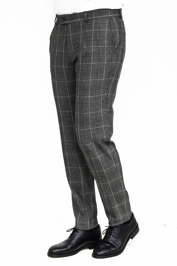 Slim Fit Plaid Anthracite Men Pants - Wessi