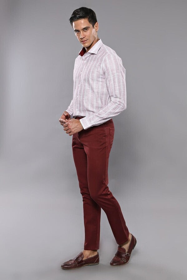 Slim Fit Plain 5 Pockets Burgundy Men Pants - Wessi