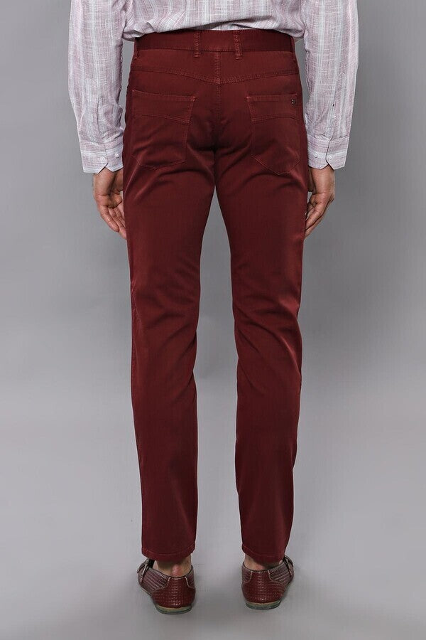 Slim Fit Plain 5 Pockets Burgundy Men Pants - Wessi