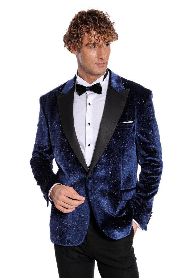 Sparkle Slim Fit Velvet Navy Blue Men Prom Blazer - Wessi