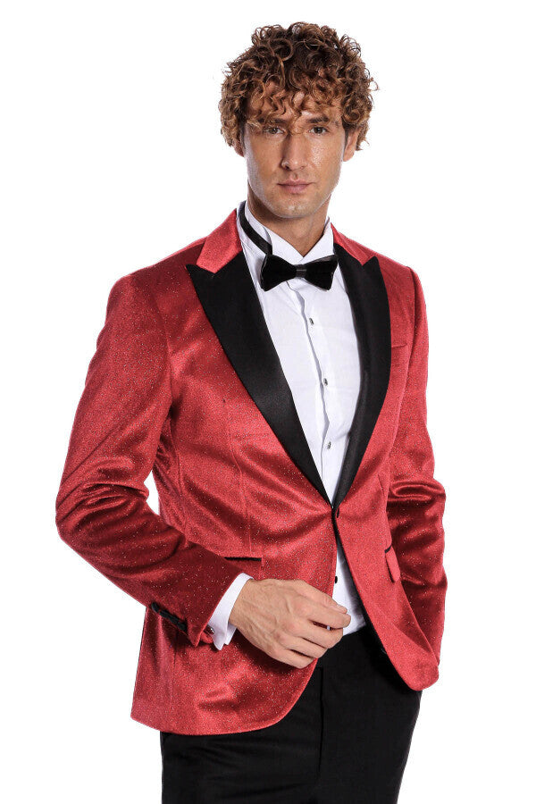 Sparkle Slim Fit Velvet Red Men Prom Blazer Wessi