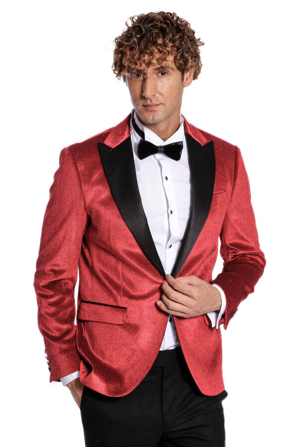 Sparkle Slim Fit Velvet Red Men Prom Blazer - Wessi
