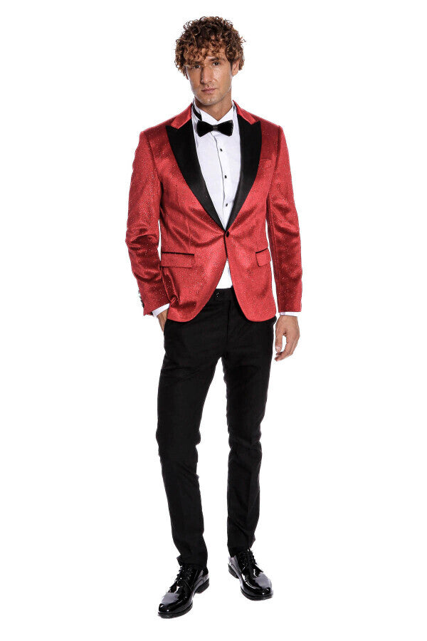Sparkle Slim Fit Velvet Red Men Prom Blazer - Wessi