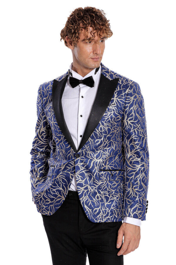 Sparkling Ivy Patterned Slim Fit Blue Men Prom Blazer - Wessi
