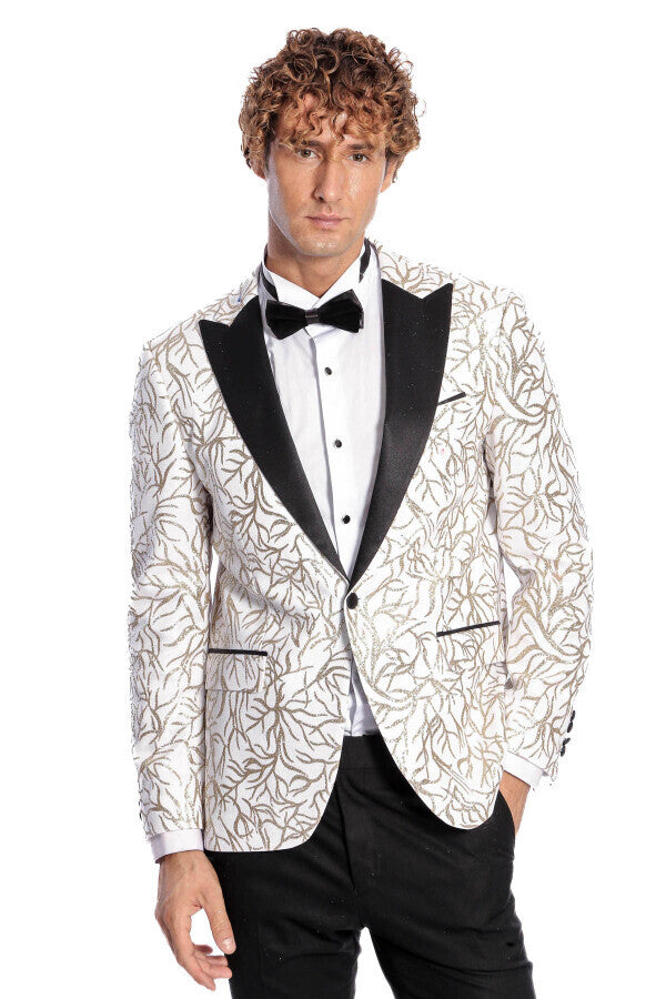 Sparkling Ivy Patterned Slim Fit White Men Prom Blazer - Wessi