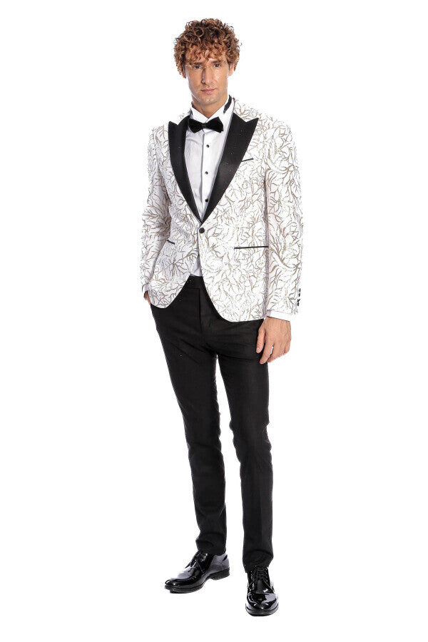 Sparkling Ivy Patterned Slim Fit White Men Prom Blazer - Wessi