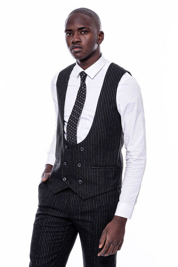 Striped Black Double Breasted Suit - Wessi
