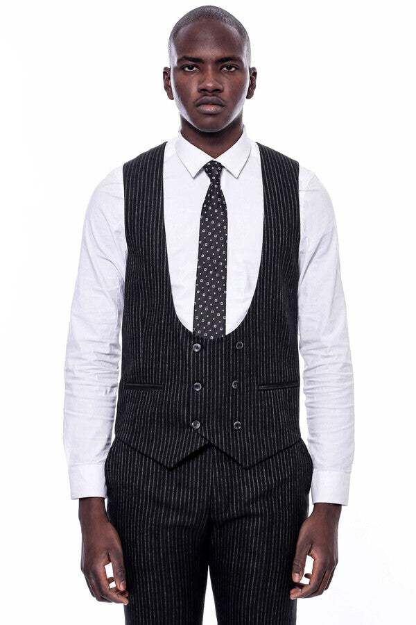 Striped Black Double Breasted Suit - Wessi